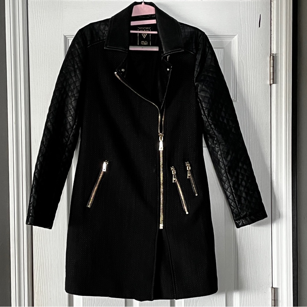 GUESS Black Military Style Trench Coat with Faux Leather & Zipper Detail Size XS